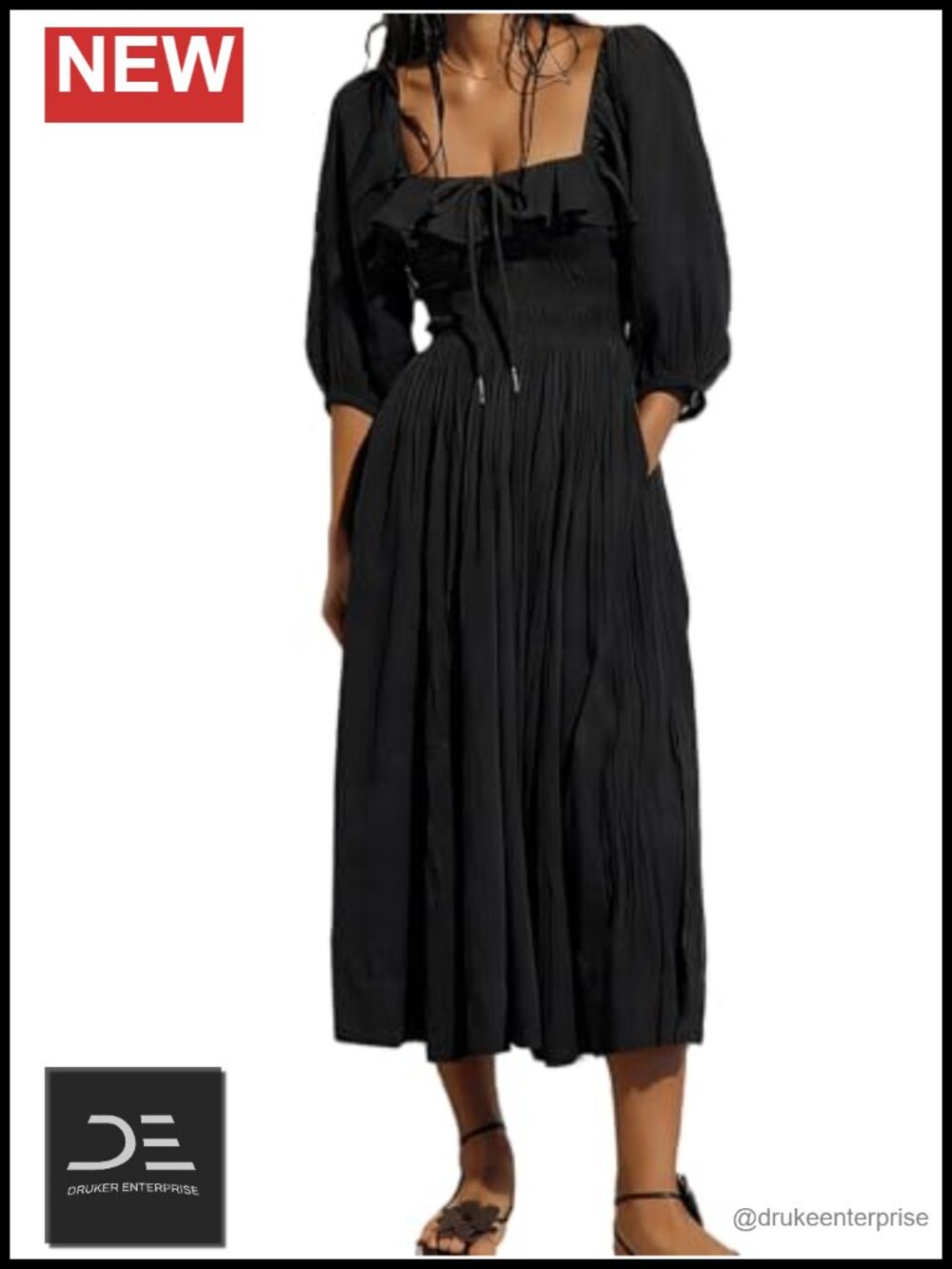 Ruffle Square Neck Smocked Midi Dress Half Puff Sleeve Slit Boho Casual